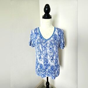 🇨🇵 MAJE Blue Patterned cotton Top  short sleeves size 2 (medium)🇨🇵